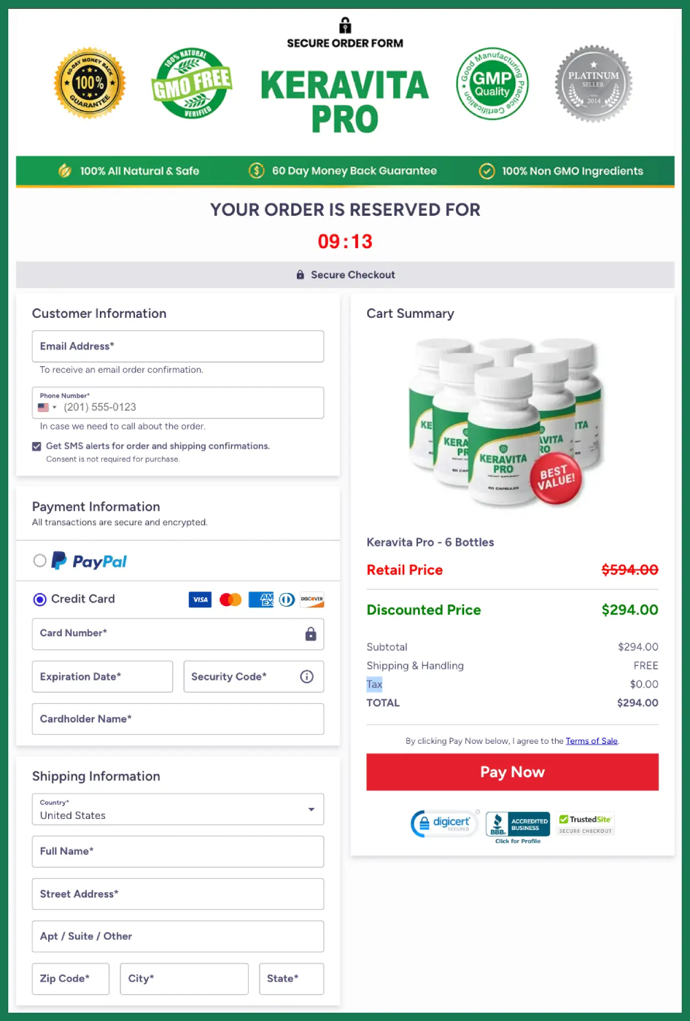 Secure checkout page for Keravita Pro showing encrypted payment and protected order process